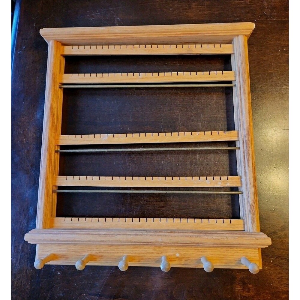 Vintage Oak Wood Wall Mount Jewelry Organizer Rack Earrings Holder